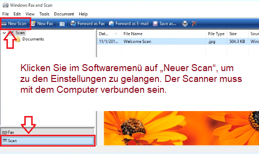 Klicken Sie im Softwaremenü auf „Neuer Scan“, um zu den Einstellungen zu gelangen. Der Scanner muss mit dem Computer verbunden sein.