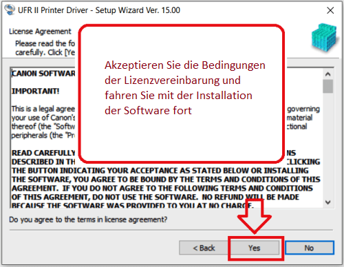 Akzeptieren Sie die Bedingungen der Lizenzvereinbarung und fahren Sie mit der Installation der Software fort.