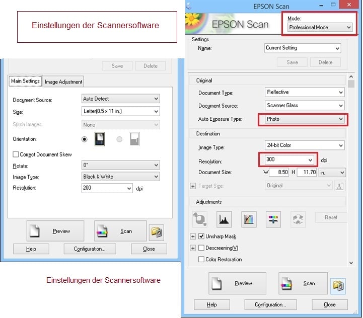 Einstellungen der Scannersoftware