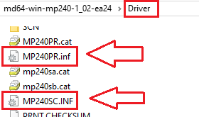 Im Ordner Driver befinden sich zwei Hauptdateien: MP240PR.inf und MP240SC.INF, die Treiber für Drucker und Scanner