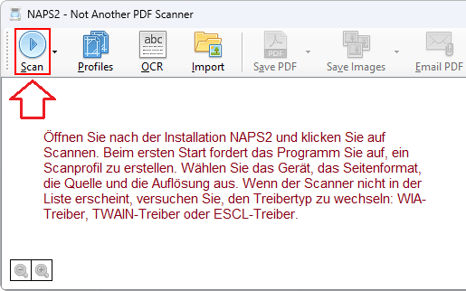 Öffnen Sie nach der Installation NAPS2 und klicken Sie auf Scannen